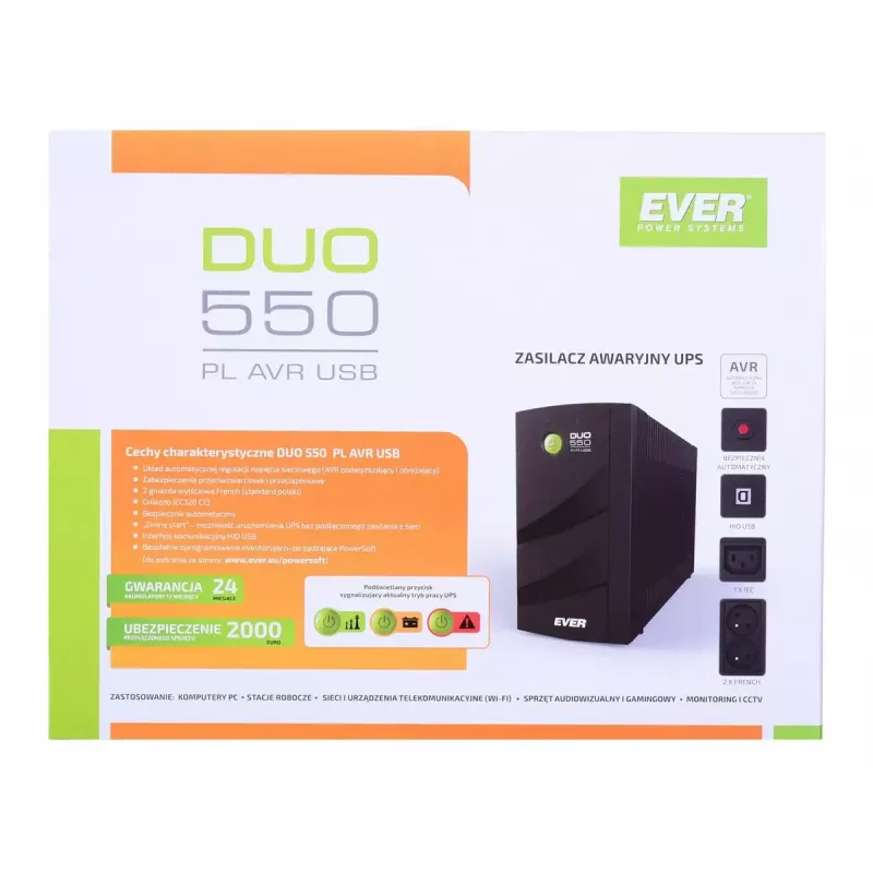 Katkematu toiteallikas EVER DUO 550 PL AVR USB 550VA, 0,55 kVA / 330 W, liin-interaktiivne, 3×C13 pistikupesa, 12V 5Ah aku