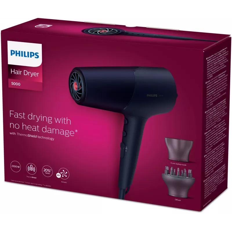 Föön Philips 5000 series BHD510/00, 2300 W, 6 kuumust/6 kiirust, ioonsüsteem, cool shot, koondaja ja difuusor, tumesinine, 1,8 m juhe