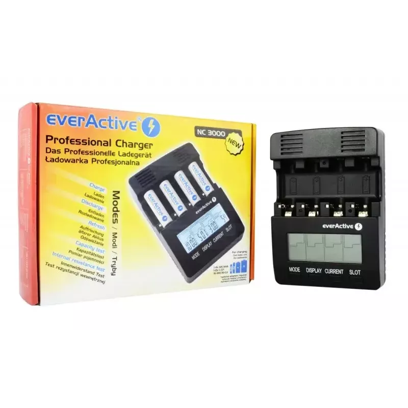 Akulaadija everActive NC-3000 — universaalne laadija AA/AAA/C/D (4elemendiline) must, 100–240V