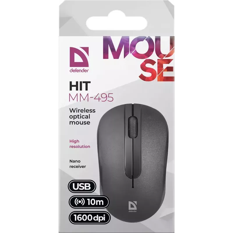 Juhtmeta optiline hiir DEFENDER HIT MM-495 RF, kahekäeline, 1600 DPI, USB RF vastuvõtja, must