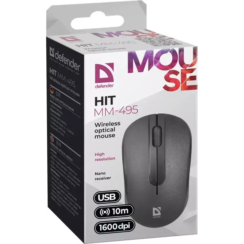 Juhtmeta optiline hiir DEFENDER HIT MM-495 RF, kahekäeline, 1600 DPI, USB RF vastuvõtja, must