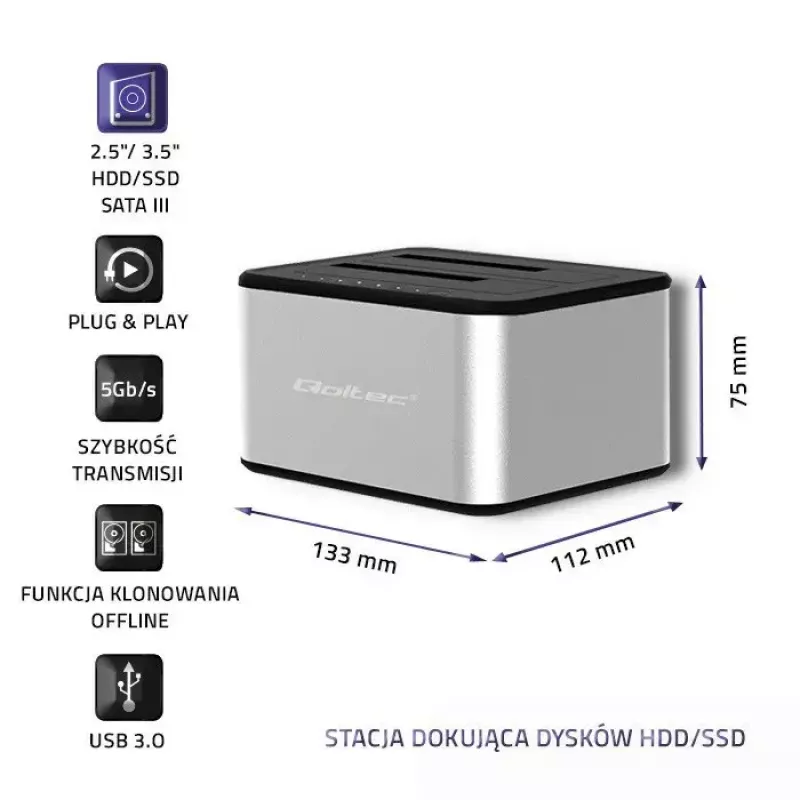 Dokkimisjaam QOLTEC 5316 2x 2,5/3,5-tollisele HDD/SSD-le, SATA, USB 3.0 (5 Gb/s), alumiiniumkorpus