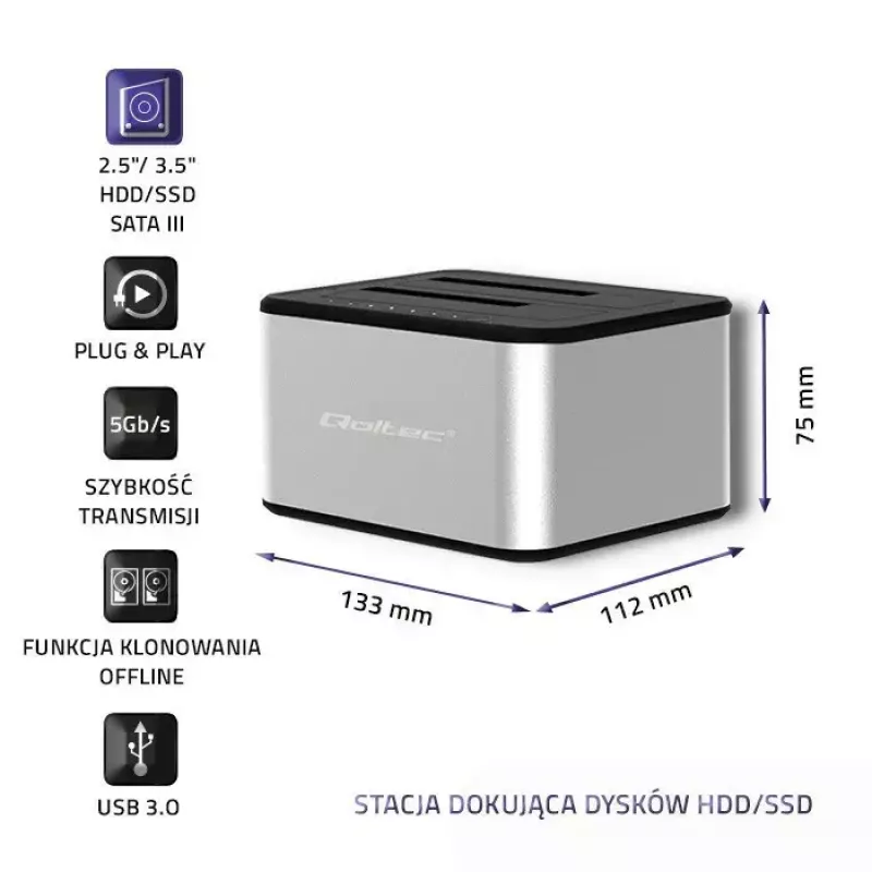 Dokkimisjaam QOLTEC 5316 2x 2,5/3,5-tollisele HDD/SSD-le, SATA, USB 3.0 (5 Gb/s), alumiiniumkorpus