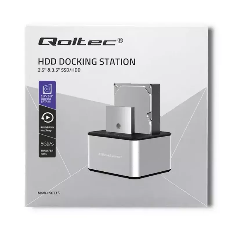 Dokkimisjaam QOLTEC 5316 2x 2,5/3,5-tollisele HDD/SSD-le, SATA, USB 3.0 (5 Gb/s), alumiiniumkorpus