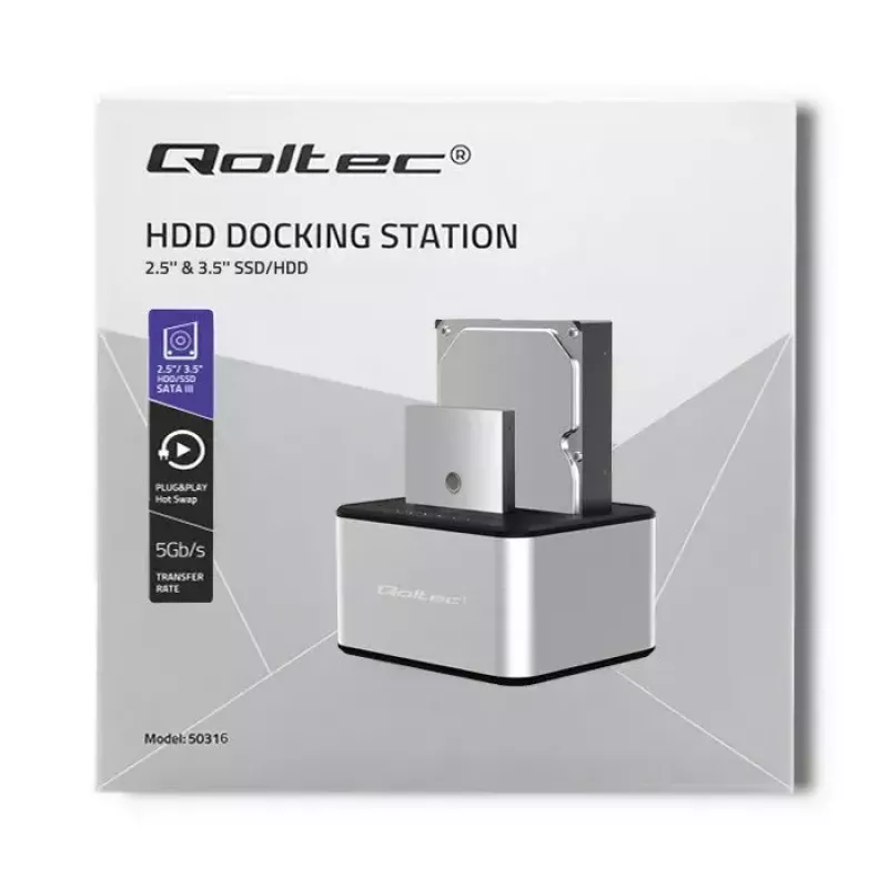 Dokkimisjaam QOLTEC 5316 2x 2,5/3,5-tollisele HDD/SSD-le, SATA, USB 3.0 (5 Gb/s), alumiiniumkorpus