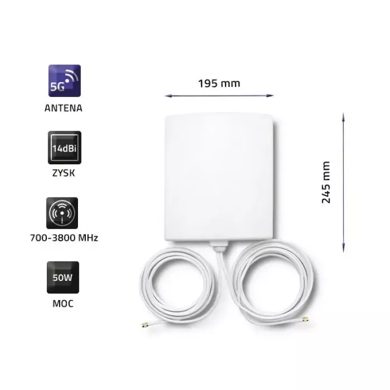 Välistingimustesse suunatav 5G LTE antenn QOLTEC 57022 — 14 dBi, 700–3800 MHz, 50 Ω, vasest korpus