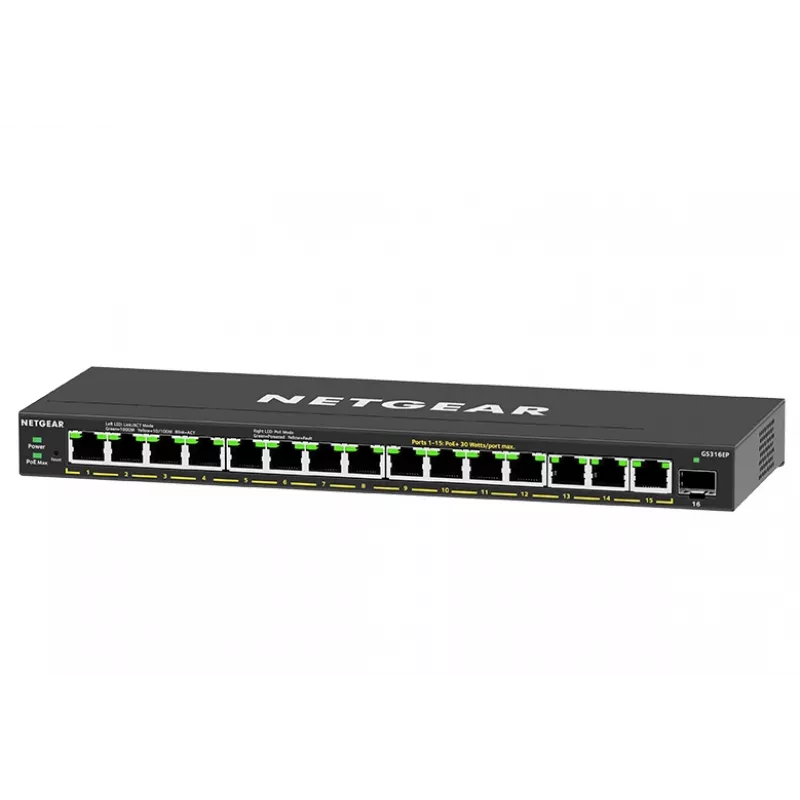 NETGEAR GS316EP-100PES võrgulüliti, haldatav Gigabit Ethernet (10/100/1000), Power over Ethernet (PoE), must