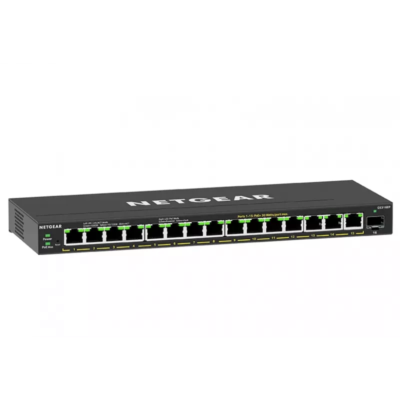 NETGEAR GS316EP-100PES võrgulüliti, haldatav Gigabit Ethernet (10/100/1000), Power over Ethernet (PoE), must