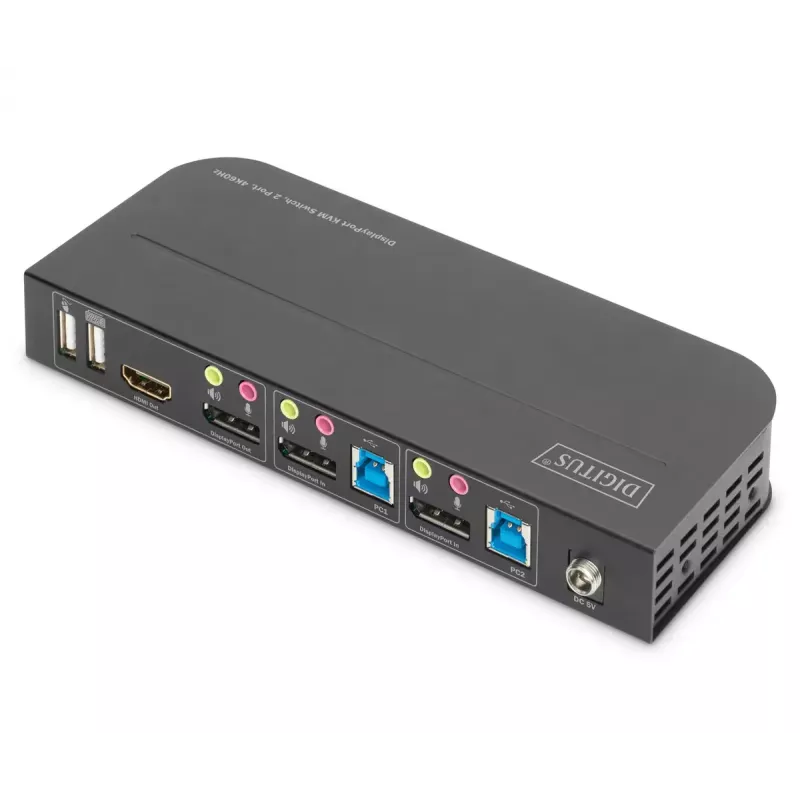 DIGITUS KVM-lüliti, 2x1 DP, DP/HDMI väljund, USB 4Kx2K@60Hz