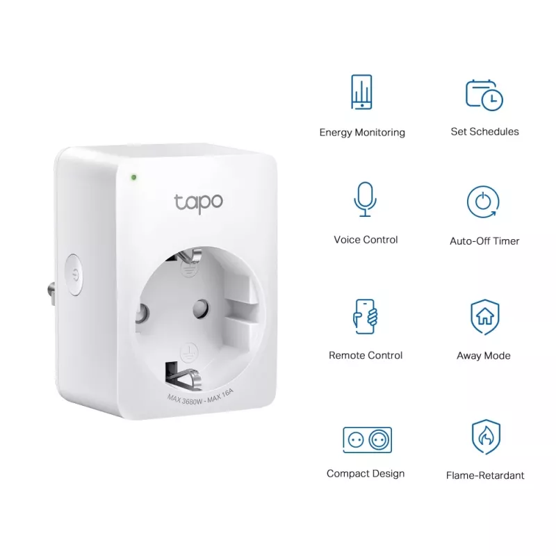 TP-Link Tapo Mini nutikas WiFi pistikupesa, energiamonitooring, siseruumides, valge, kodu, kontor, olek, Android, iOS, juhtmevaba