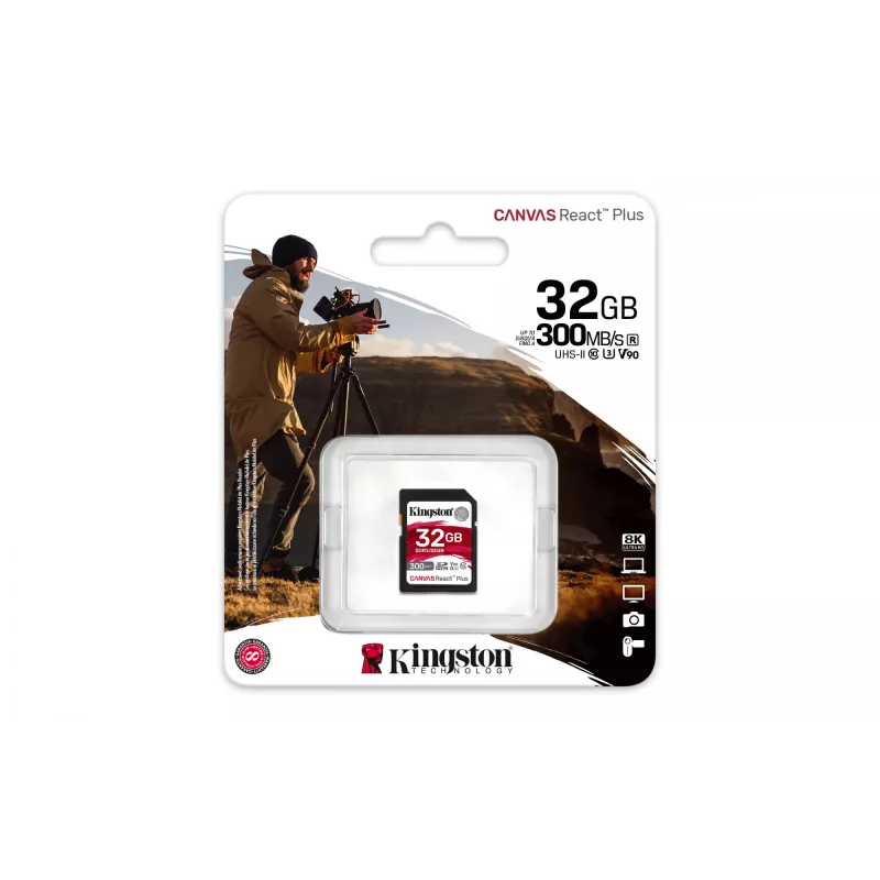 Kingston Technology 32GB Canvas React Plus SDHC UHS-II 300R/260W U3 V90 Full HD/4K/8K jaoks