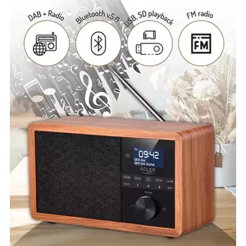 Kaasaskantav raadio Adler AD 1184 DAB+/FM/AM digitaaltuuneriga, Bluetooth 5.0, 15W, SD/USB, äratuskell, must/puit