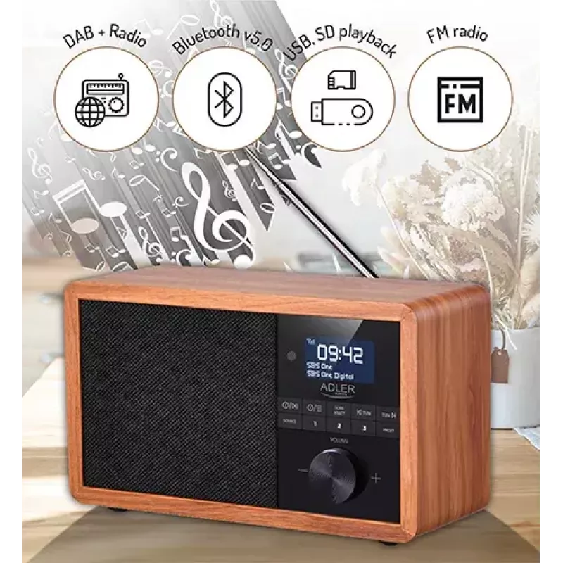 Kaasaskantav raadio Adler AD 1184 DAB+/FM/AM digitaaltuuneriga, Bluetooth 5.0, 15W, SD/USB, äratuskell, must/puit