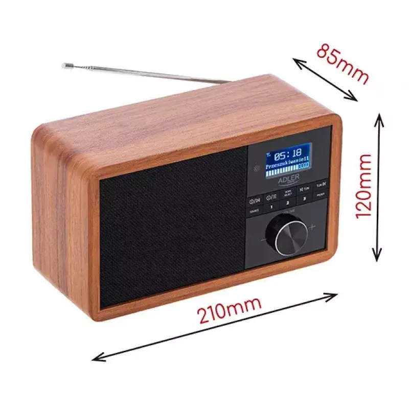 Kaasaskantav raadio Adler AD 1184 DAB+/FM/AM digitaaltuuneriga, Bluetooth 5.0, 15W, SD/USB, äratuskell, must/puit