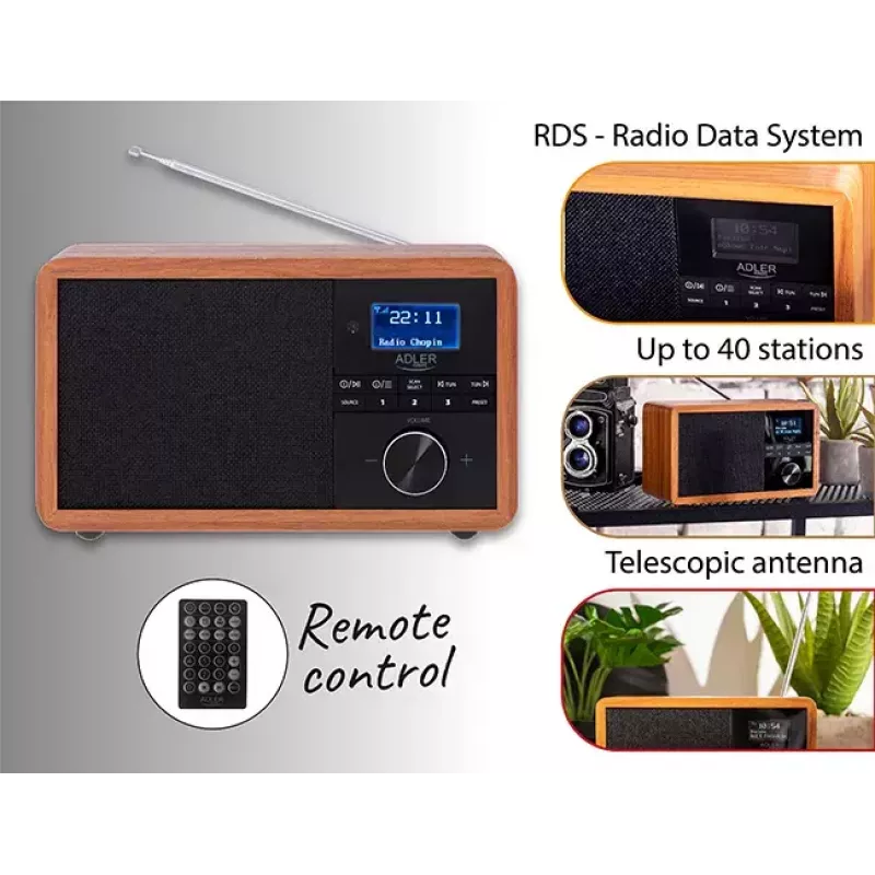 Kaasaskantav raadio Adler AD 1184 DAB+/FM/AM digitaaltuuneriga, Bluetooth 5.0, 15W, SD/USB, äratuskell, must/puit