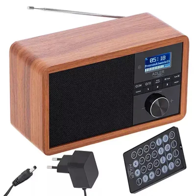 Kaasaskantav raadio Adler AD 1184 DAB+/FM/AM digitaaltuuneriga, Bluetooth 5.0, 15W, SD/USB, äratuskell, must/puit