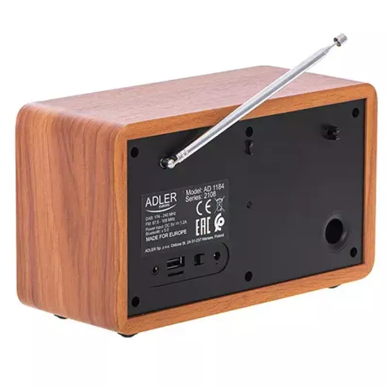 Kaasaskantav raadio Adler AD 1184 DAB+/FM/AM digitaaltuuneriga, Bluetooth 5.0, 15W, SD/USB, äratuskell, must/puit