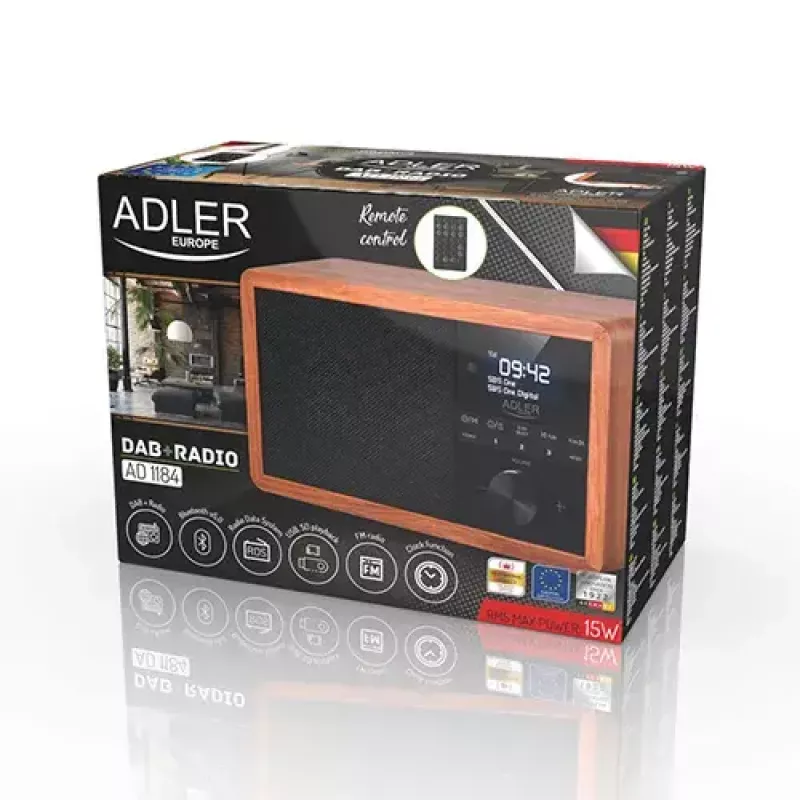 Kaasaskantav raadio Adler AD 1184 DAB+/FM/AM digitaaltuuneriga, Bluetooth 5.0, 15W, SD/USB, äratuskell, must/puit