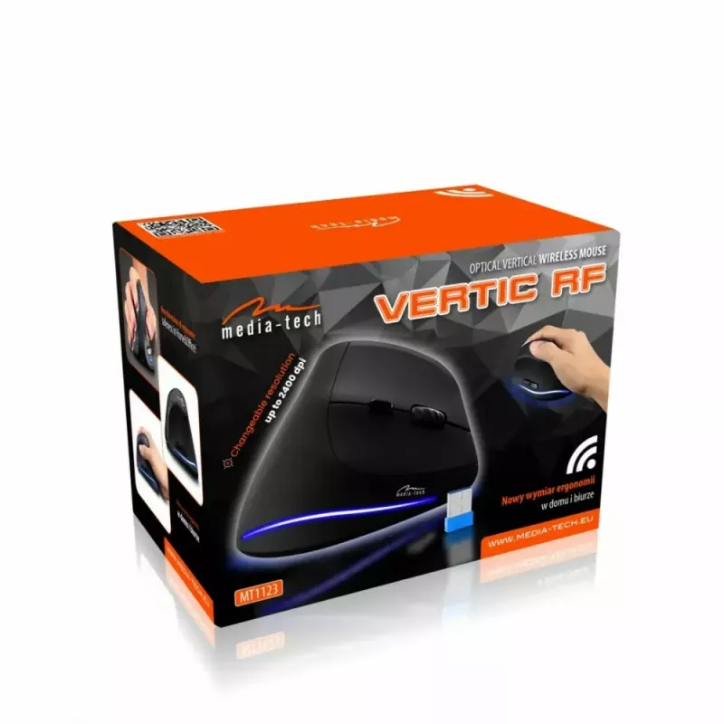 Juhtmevaba vertikaalne hiir MEDIA-TECH MT1123, must, 2400 DPI, 5 nuppu, RF USB vastuvõtja