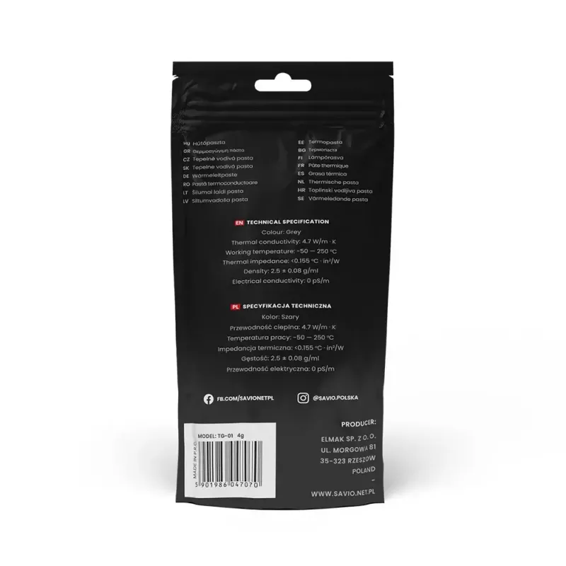 Termopasta SAVIO TG-01, 4,7 W/m·K, 10 g, tihedus 2,5 g/cm³, tööulatus −50–250 °C