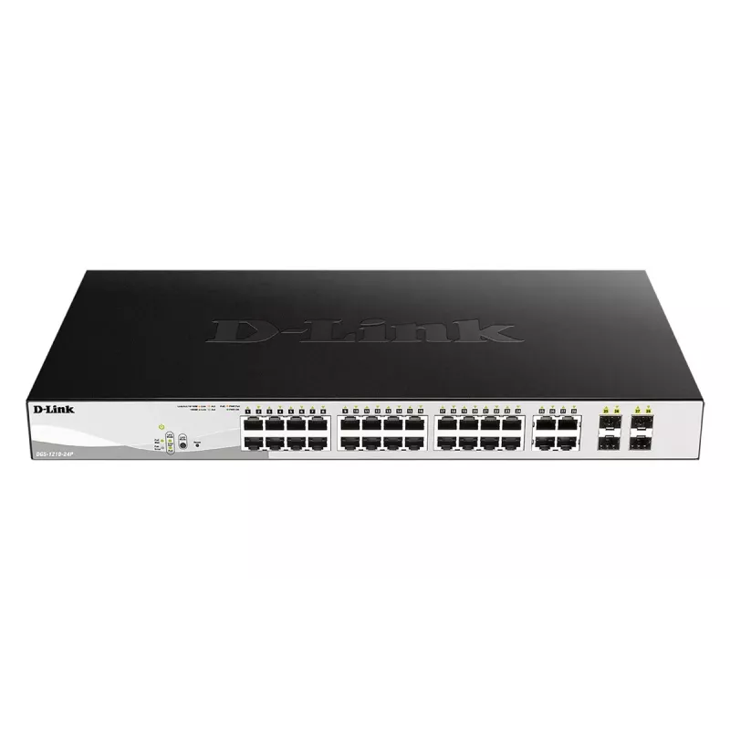 Hallatav L2 gigabit PoE kommutaator D-Link DGS-1210-24P — 24x 10/100/1000 RJ-45, IEEE 802.3af/at, 56 Gbit/s, rack-montaaž, must