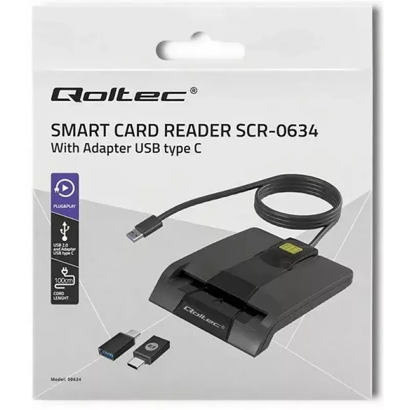 Kaardilugeja QOLTEC 50634 USB USB-C, ABS-korpus, 90×69 mm, 1,0 m kaabel, must