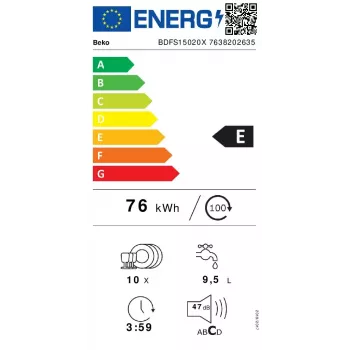 Kitsas nõudepesumasin Beko BDFS15020X, 10 katet, 45 cm, 47 dB, 5 programmi, inverter-mootor