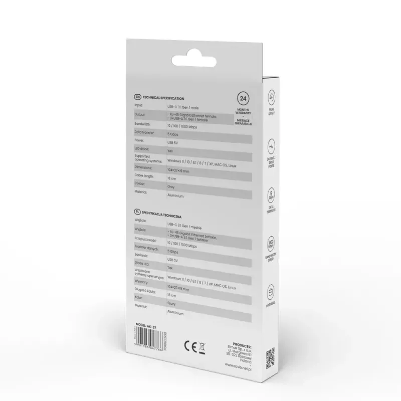 USB-C jaotur SAVIO AK-57 3× USB-A, RJ-45 Gigabit Ethernet (5000 Mbit/s), alumiiniumhall