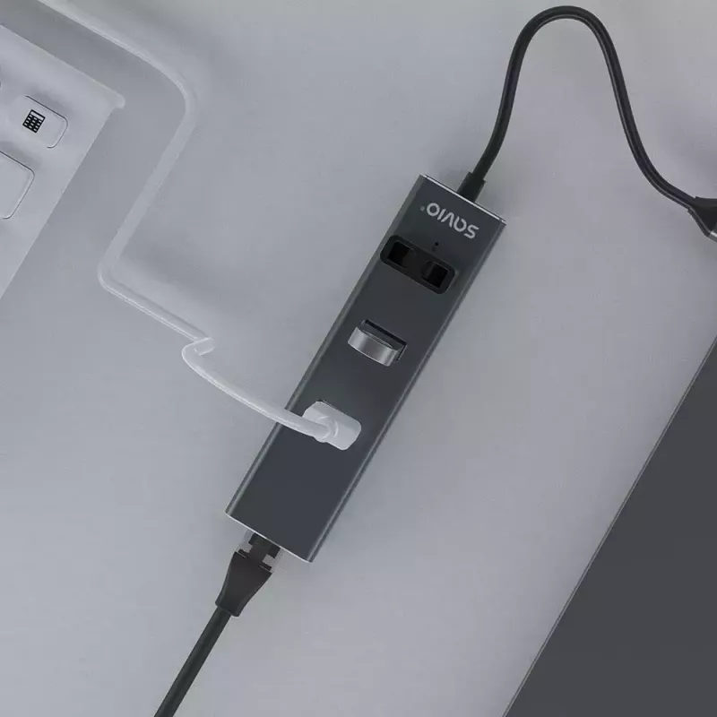 USB-C jaotur SAVIO AK-57 3× USB-A, RJ-45 Gigabit Ethernet (5000 Mbit/s), alumiiniumhall