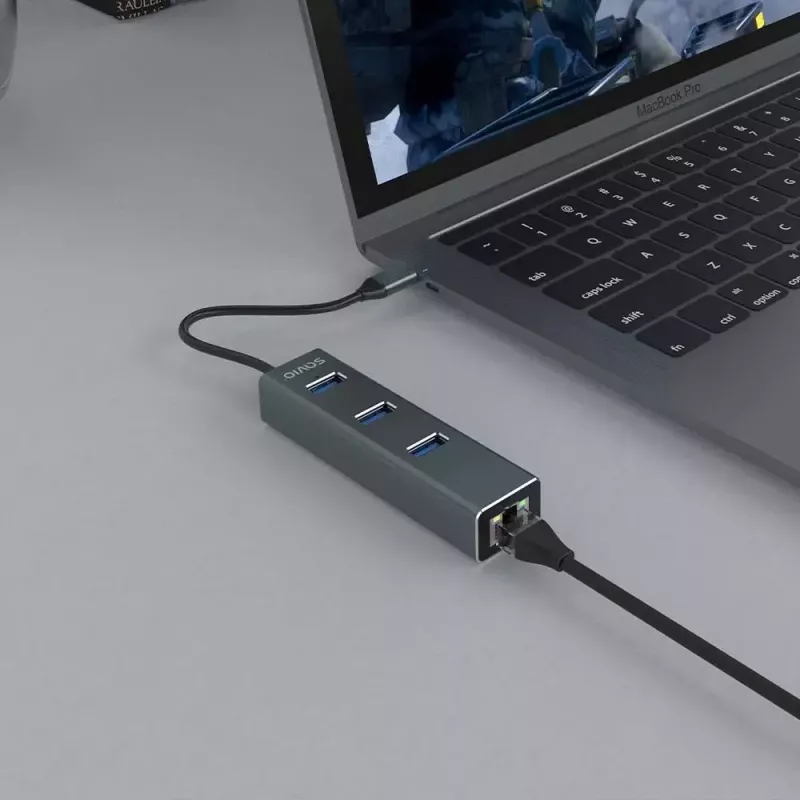 USB-C jaotur SAVIO AK-57 3× USB-A, RJ-45 Gigabit Ethernet (5000 Mbit/s), alumiiniumhall