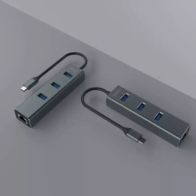 USB-C jaotur SAVIO AK-57 3× USB-A, RJ-45 Gigabit Ethernet (5000 Mbit/s), alumiiniumhall