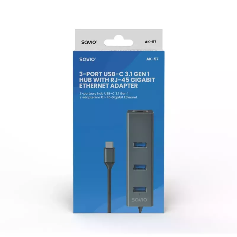 USB-C jaotur SAVIO AK-57 3× USB-A, RJ-45 Gigabit Ethernet (5000 Mbit/s), alumiiniumhall