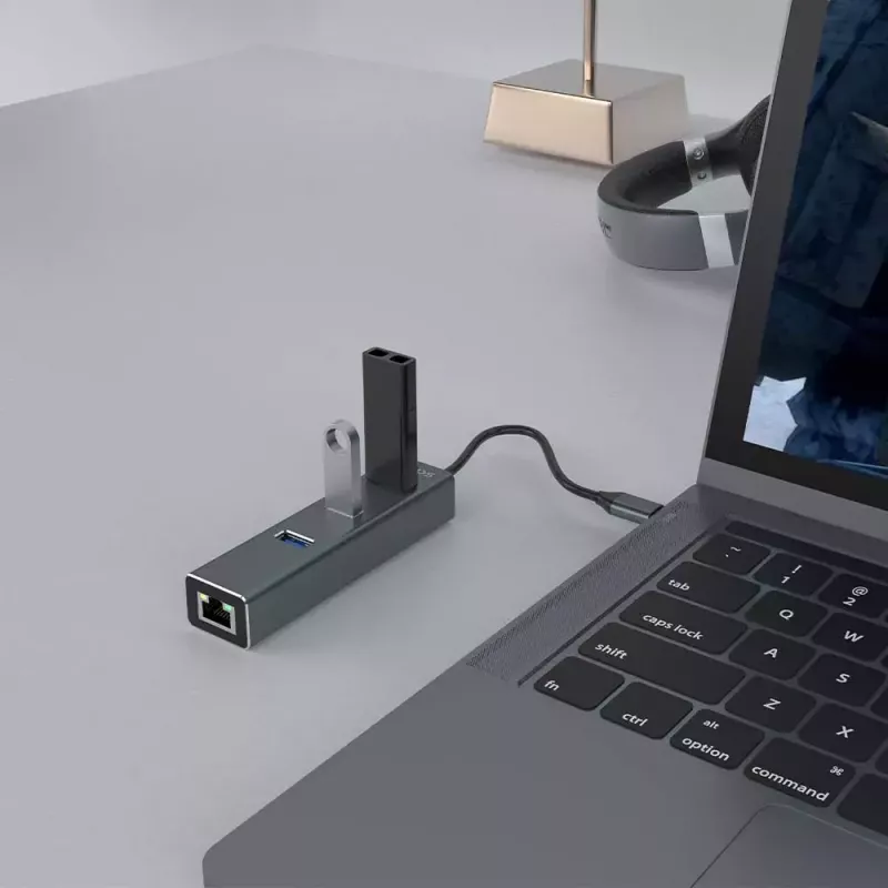 USB-C jaotur SAVIO AK-57 3× USB-A, RJ-45 Gigabit Ethernet (5000 Mbit/s), alumiiniumhall
