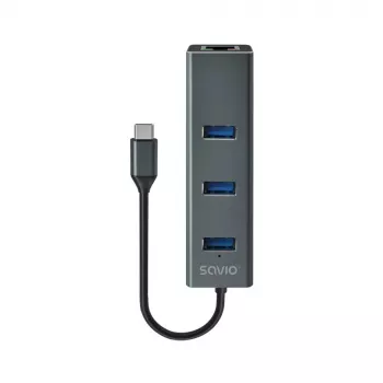 USB-C jaotur SAVIO AK-57 3× USB-A, RJ-45 Gigabit Ethernet (5000 Mbit/s), alumiiniumhall