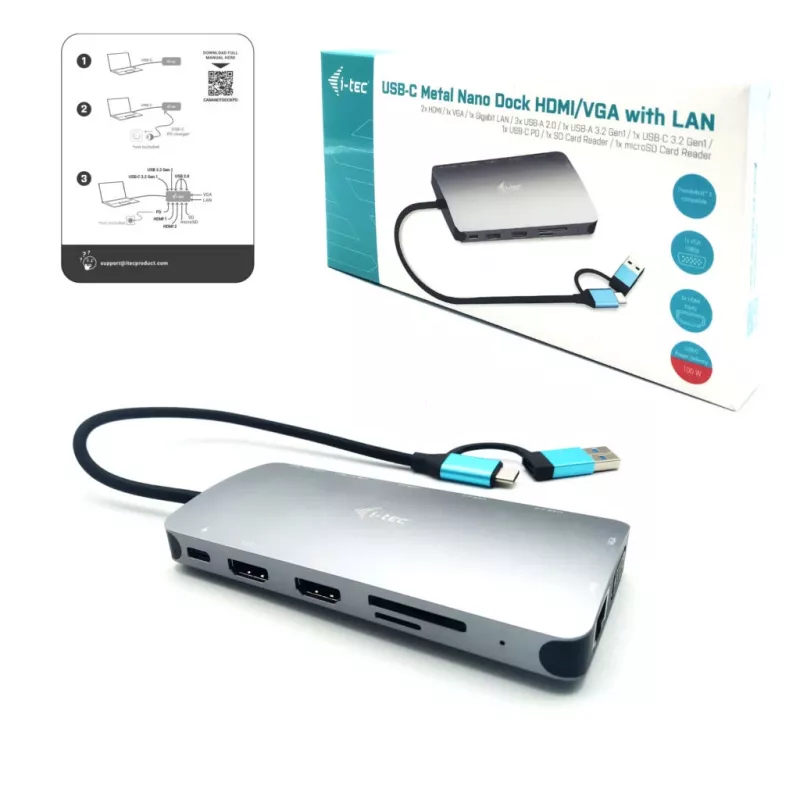 i-tec USB 3.0 USB-C/Thunderbolt 3x Display Metal Nano Dock LAN-iga ja toiteallikaga 100 W