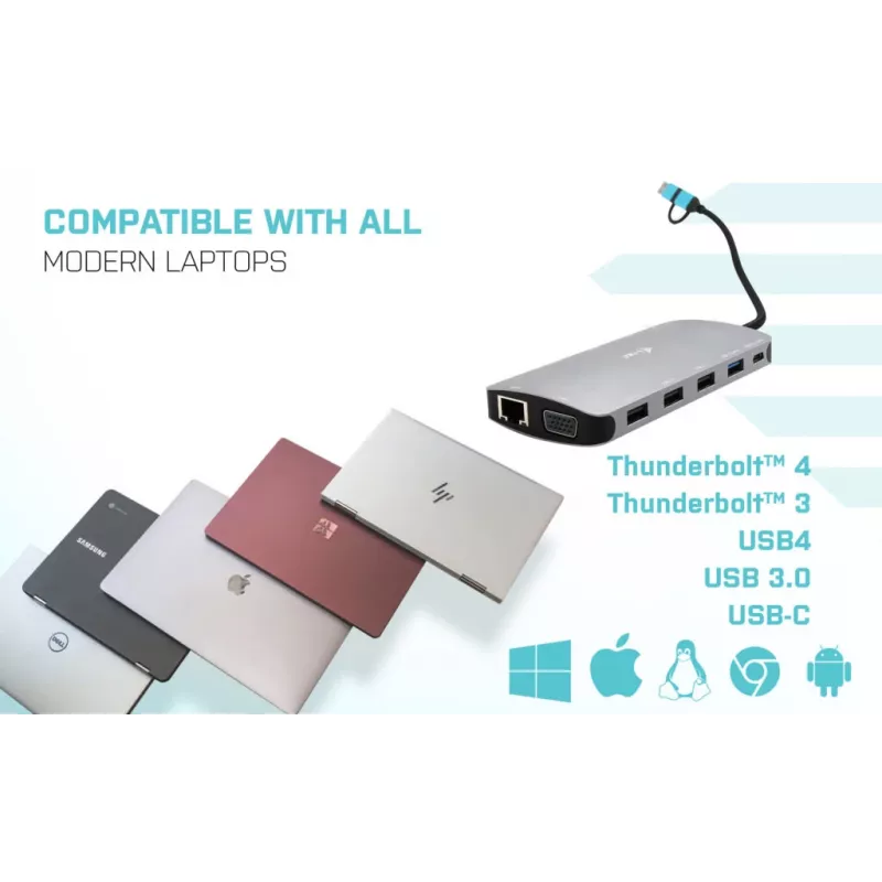 i-tec USB 3.0 USB-C/Thunderbolt 3x Display Metal Nano Dock LAN-iga ja toiteallikaga 100 W