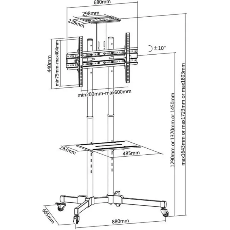 Põrandaalus TECHLY ICA-TR16T 37–70-tollistele ekraanidele, VESA 200x200–600x400, kuni 50 kg, kõrgus reguleeritav, rattad, kalle ±10° (must)