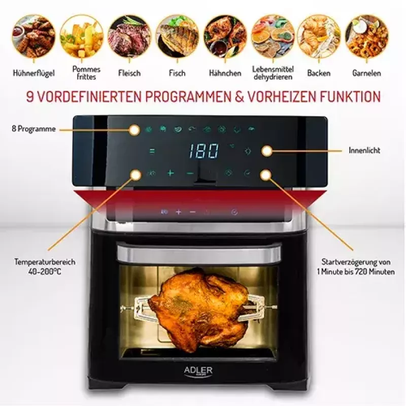 Kuumaõhufritüürahi Adler AD 6309 13 L 2500 W Must/Hõbedane, puutetundlik juhtimine, röstimisvarras