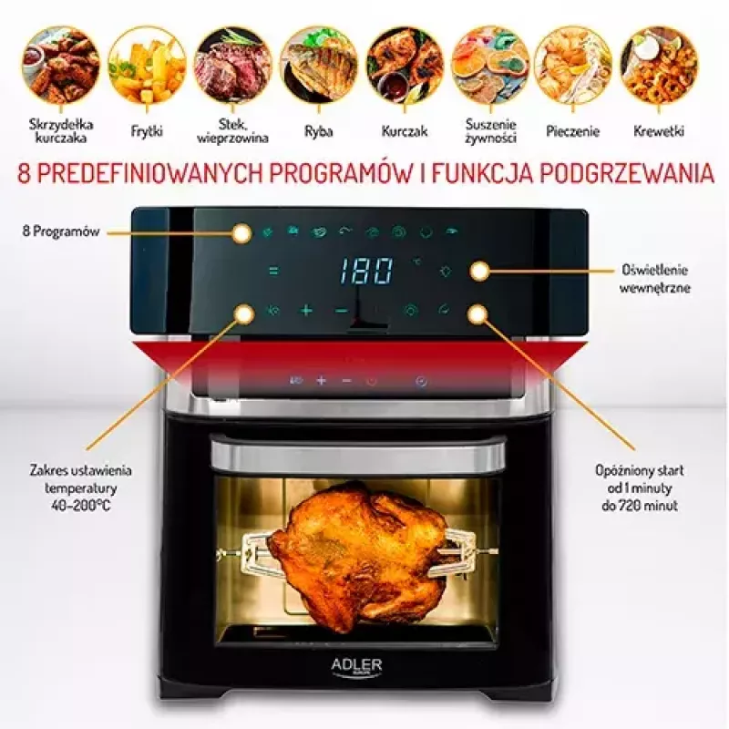Kuumaõhufritüürahi Adler AD 6309 13 L 2500 W Must/Hõbedane, puutetundlik juhtimine, röstimisvarras