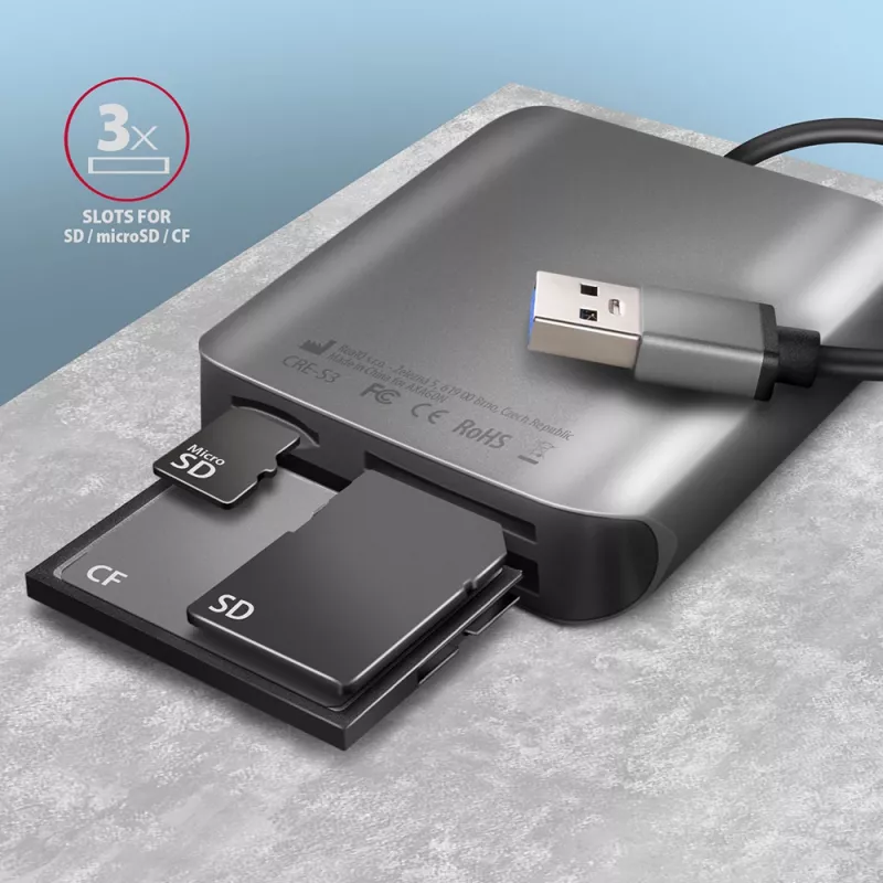 Axagon CRE-S3 väline USB-A 3.2 Gen 1 3-pesaline ja LUN SD/microSD/CF kaardilugeja USB 3.2 Gen 1 (3.1 Gen 1) Type-A hall