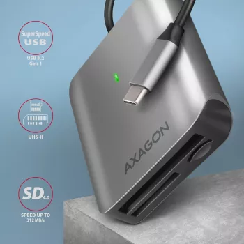 Axagon CRE-S3C Alumiiniumist kiire USB-C 3.2 Gen 1 mälukaardilugeja. 3 pesa, UHS-II