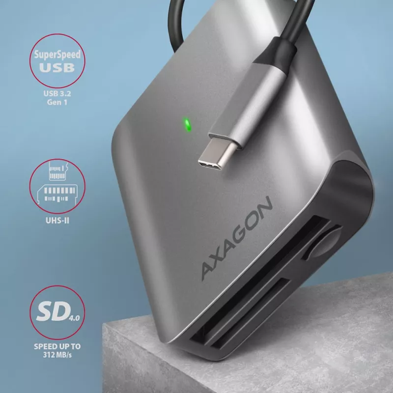 Axagon CRE-S3C Alumiiniumist kiire USB-C 3.2 Gen 1 mälukaardilugeja. 3 pesa, UHS-II