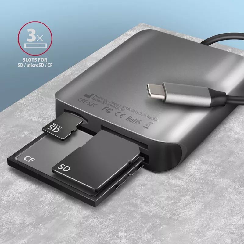 Axagon CRE-S3C Alumiiniumist kiire USB-C 3.2 Gen 1 mälukaardilugeja. 3 pesa, UHS-II