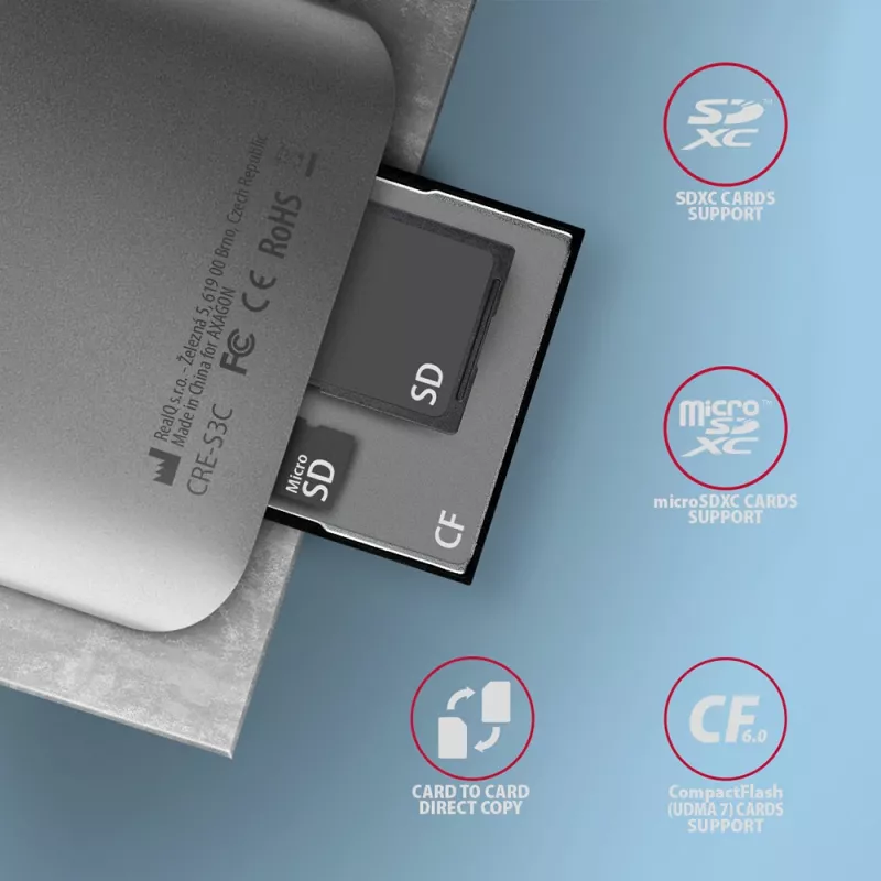 Axagon CRE-S3C Alumiiniumist kiire USB-C 3.2 Gen 1 mälukaardilugeja. 3 pesa, UHS-II