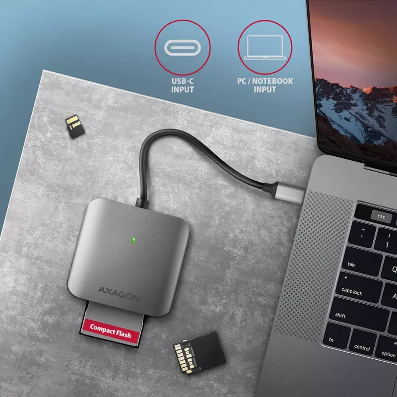 Axagon CRE-S3C Alumiiniumist kiire USB-C 3.2 Gen 1 mälukaardilugeja. 3 pesa, UHS-II
