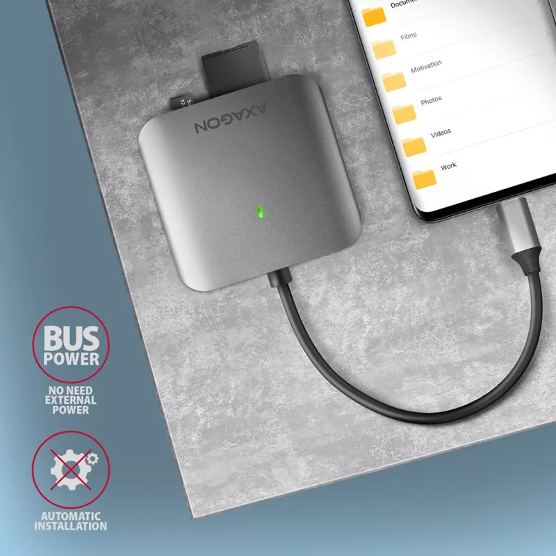 Axagon CRE-S3C Alumiiniumist kiire USB-C 3.2 Gen 1 mälukaardilugeja. 3 pesa, UHS-II