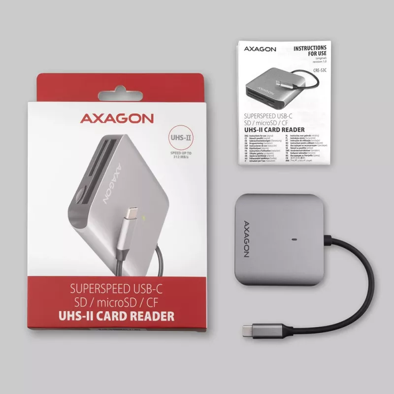 Axagon CRE-S3C Alumiiniumist kiire USB-C 3.2 Gen 1 mälukaardilugeja. 3 pesa, UHS-II