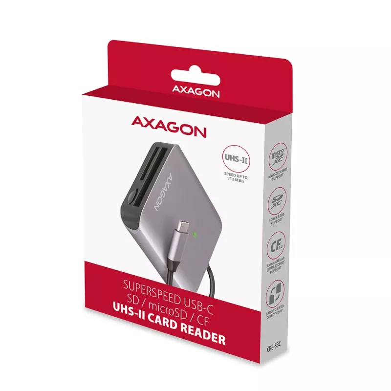 Axagon CRE-S3C Alumiiniumist kiire USB-C 3.2 Gen 1 mälukaardilugeja. 3 pesa, UHS-II