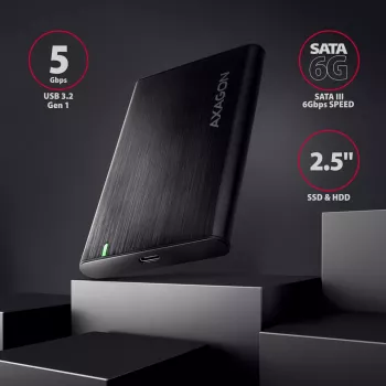 2,5-tolline HDD/SSD korpus AXAGON EE25-A6C — SATA, USB 3.2 Gen 1 (Type-C & Type-A), alumiinium, must