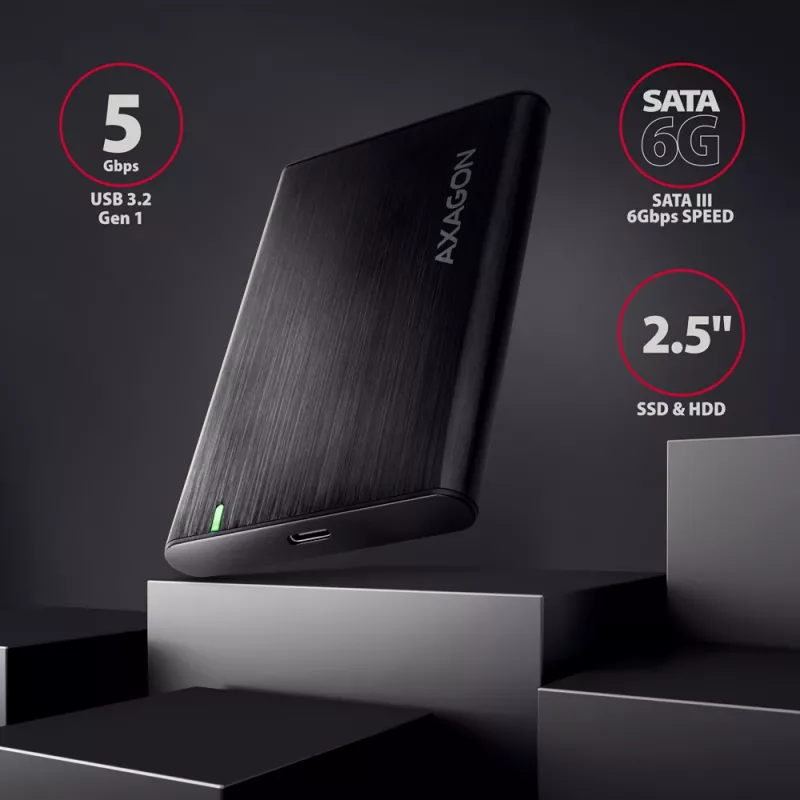 2,5-tolline HDD/SSD korpus AXAGON EE25-A6C — SATA, USB 3.2 Gen 1 (Type-C & Type-A), alumiinium, must